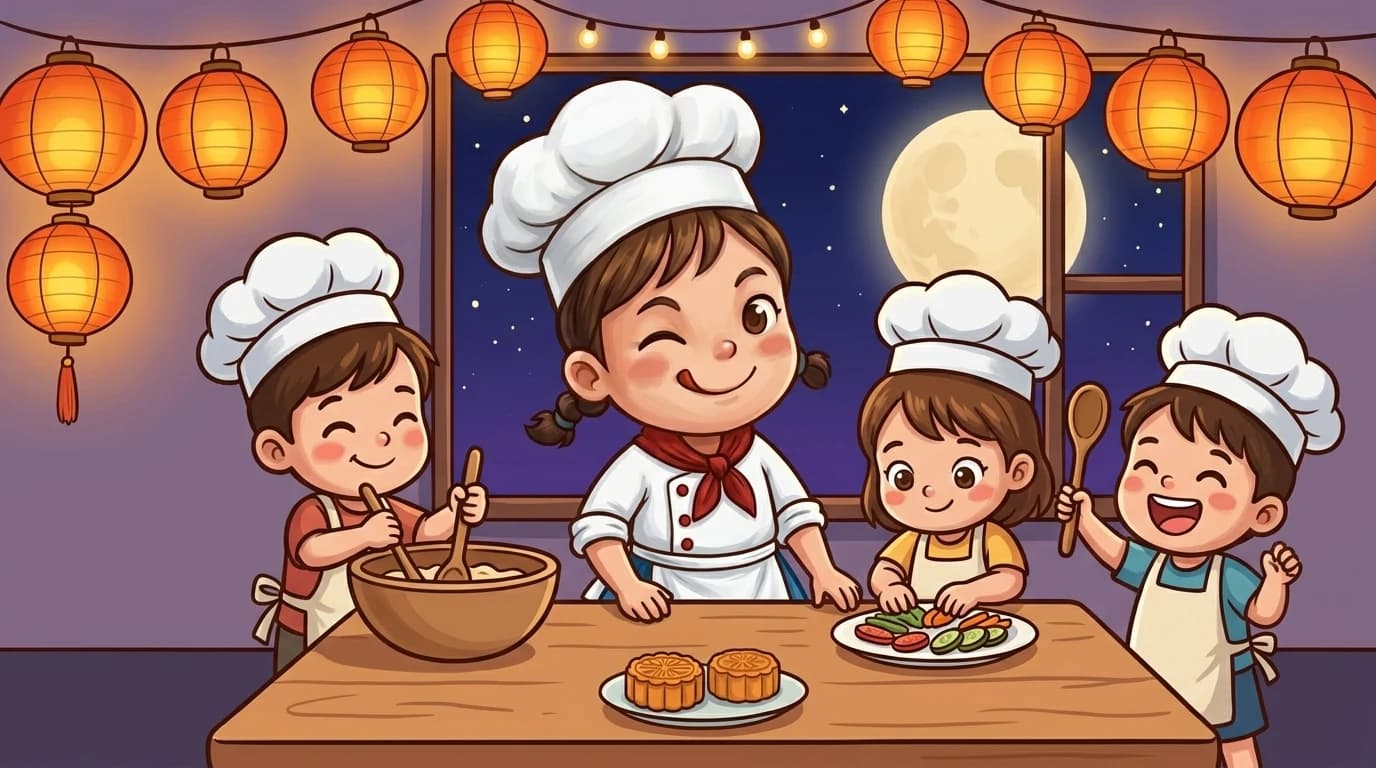 中秋夜嘅廚房，搗搗同三個著住圍裙嘅小朋友一齊煮嘢食，頭頂掛住橙色燈籠，窗外係一個好大嘅滿月