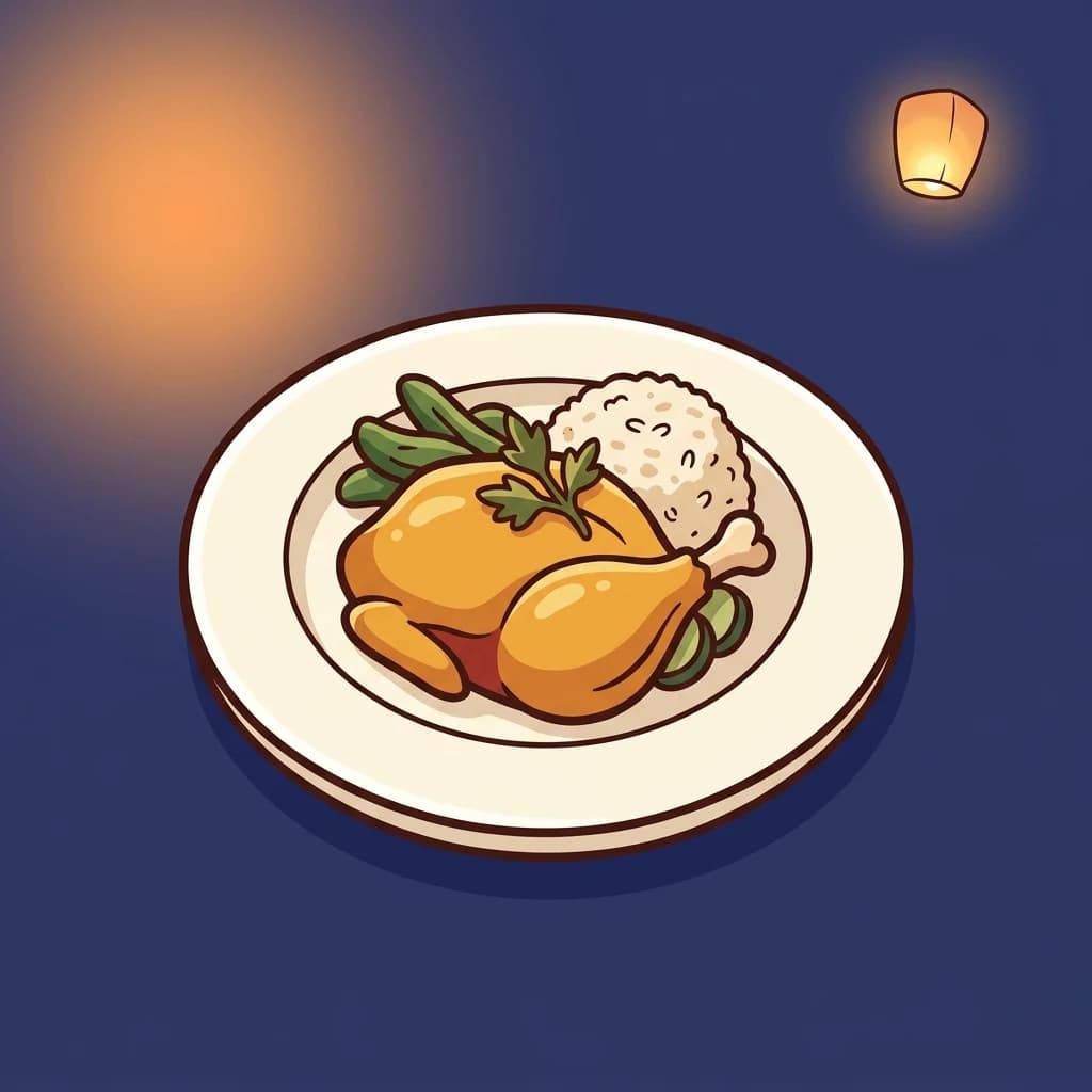 一隻白碟上面擺好嘅一份菜 —— 烤雞、青菜同飯