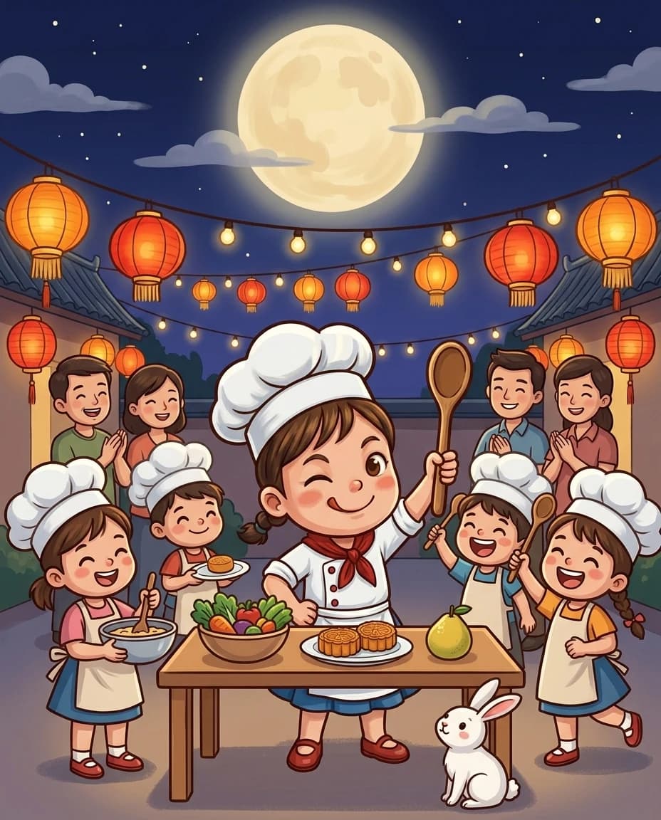 中秋夜,搗搗喺掛滿燈籠嘅庭園同幾個小朋友一齊煮嘢食,後面有家長笑住睇住,天上一個好大嘅滿月
