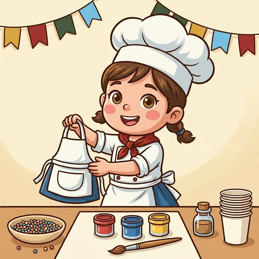 搗搗企喺手作枱後面,雙手遞出一件細圍裙,枱面已經擺好一碗彩色膠豆、三樽顏料連畫筆同幾隻紙杯,牆上掛住串旗